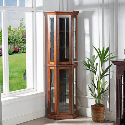 Vitrine de coin Calhaen avec lumières, tablettes réglables en verre trempé