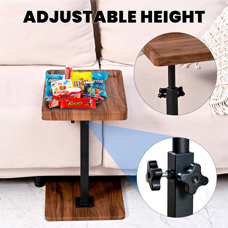 C Table End Table Adjustable Height,C Shaped End For Couch,Snack Tables,360°Swivel TV Tray Sofa Table,Tables That Slide Under,Coffee Sidetable, Walnut Color
