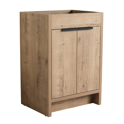 Meuble-lavabo autoportant de 24 po, emballage Kd, 2 portes à fermeture en douceur, meuble-lavabo sans comptoir, espace de rangement réglable, contreplaqué, armoire de surface en contreplaqué imitation chêne, sans robinet ni