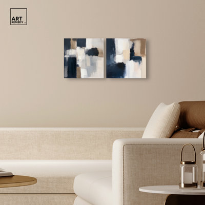 «Blue Mood and Abstraction Duo», ensemble de décorations murales bleues par Art Remedy, tendues sur châssis, 12 x 12