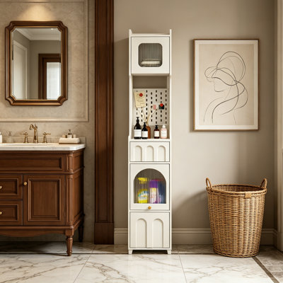 Tall Bathroom Storage Cabinet with Drawers, Glass Doors and Pegboard