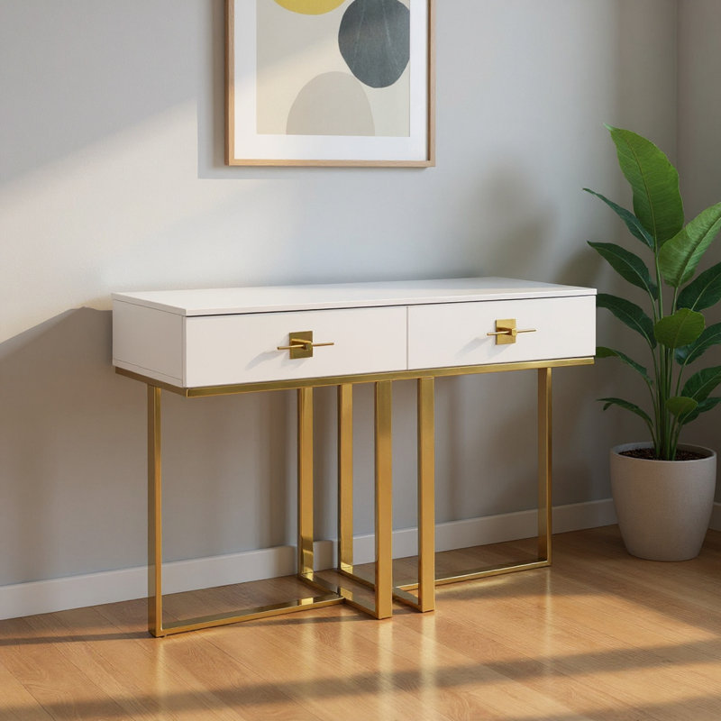 Table console traîneau de 47 pouces en bois blanc et acier inoxydable doré avec deux tiroirs