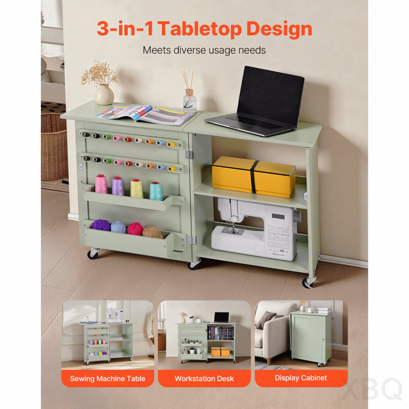 Meuble de rangement polyvalent et pliable pour machine à coudre, avec roulettes, crochets et plateaux de rangement - Vert clair