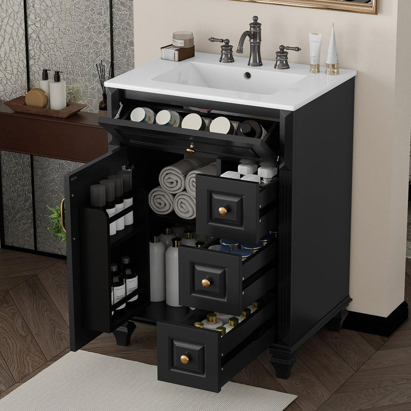 Meuble-lavabo multifonctionnel avec cadre en bois massif, Noir