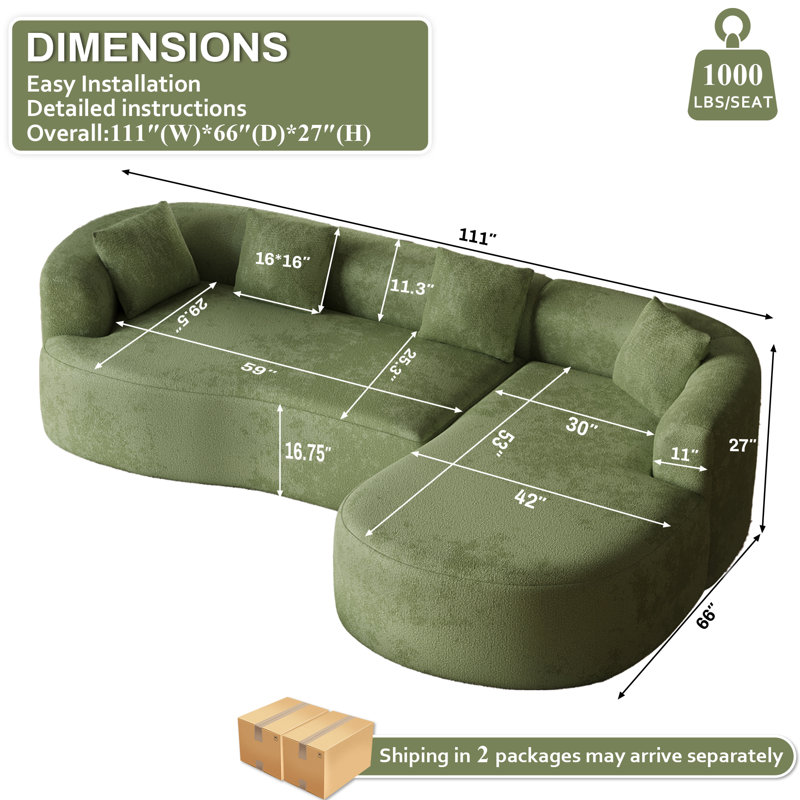 Curved Boneless L-Shaped Sectional Sofa With Chaise Lounge, No Assembly Required, Green Chenille, Right Hand Facing