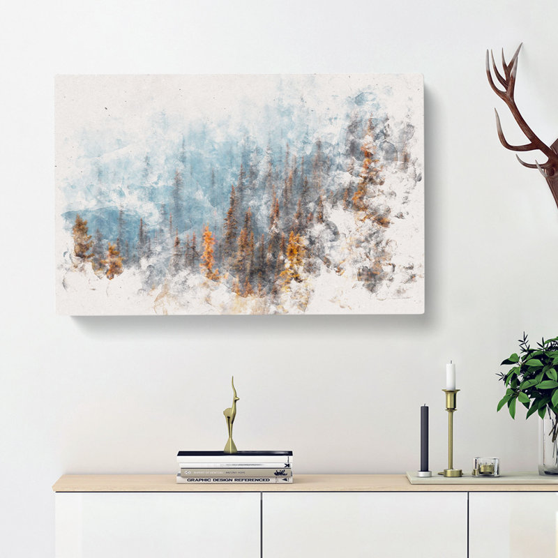 Misty Forest In Banff Canada Watercolour - Wrapped Canvas Print, 40cm H x 60cm W x 3cm D