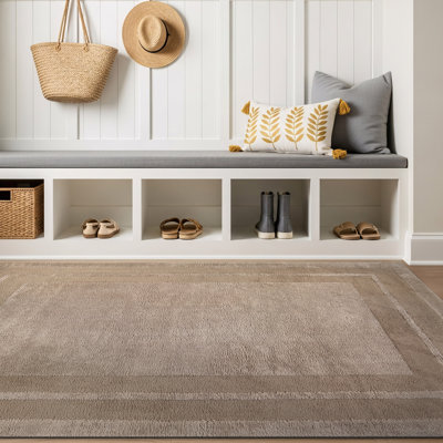 Solid Framed Border Warm Sand Beige Power Loomed Soft Shag High-Low Indoor Area Rug