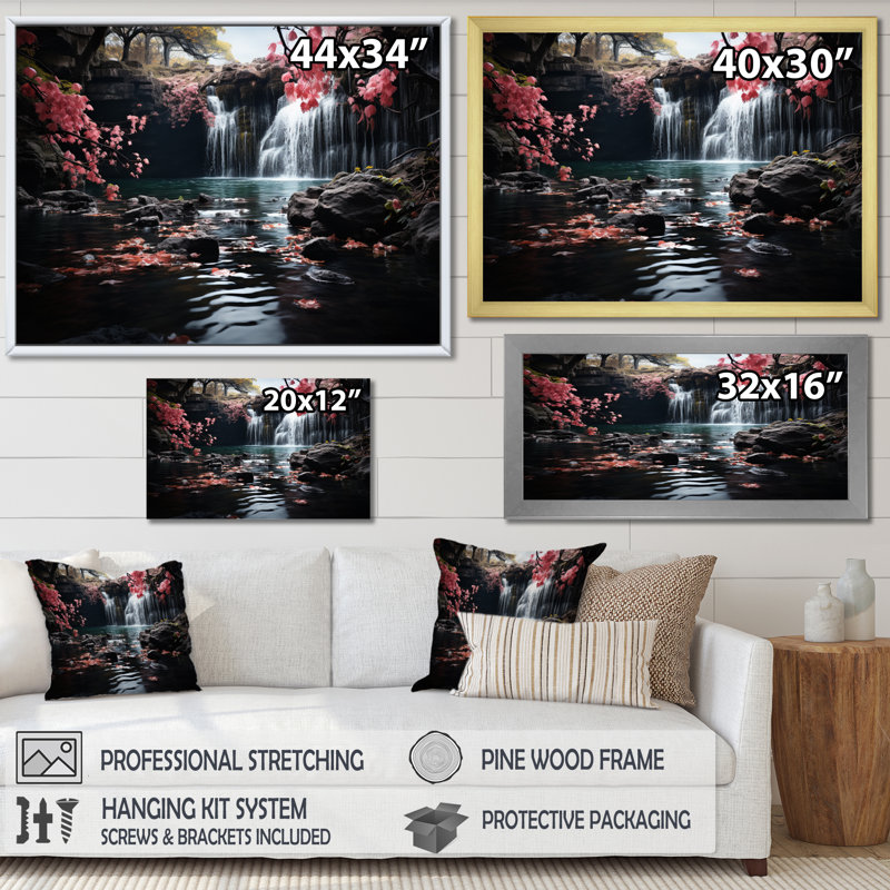 «Peach Tree Waterfall Natures Elegance II», reproduction sur toile, H 24 po x l 32 po x P 1 po, Cadre simple argenté
