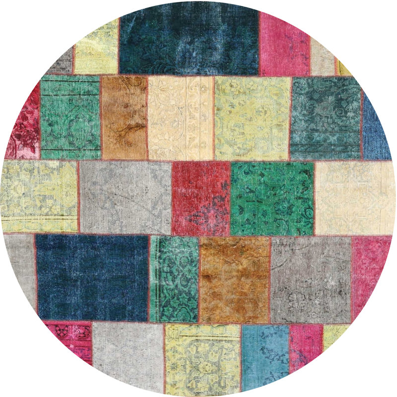 Tapis rose/jaune/vert contemporain, Rond 3 pi