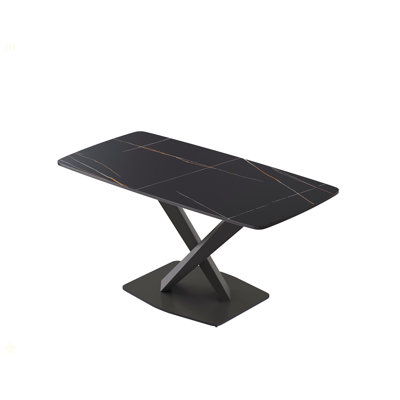 63"Modern Artificial Stone Black Curved Black Metal Leg Dining Table -6 People