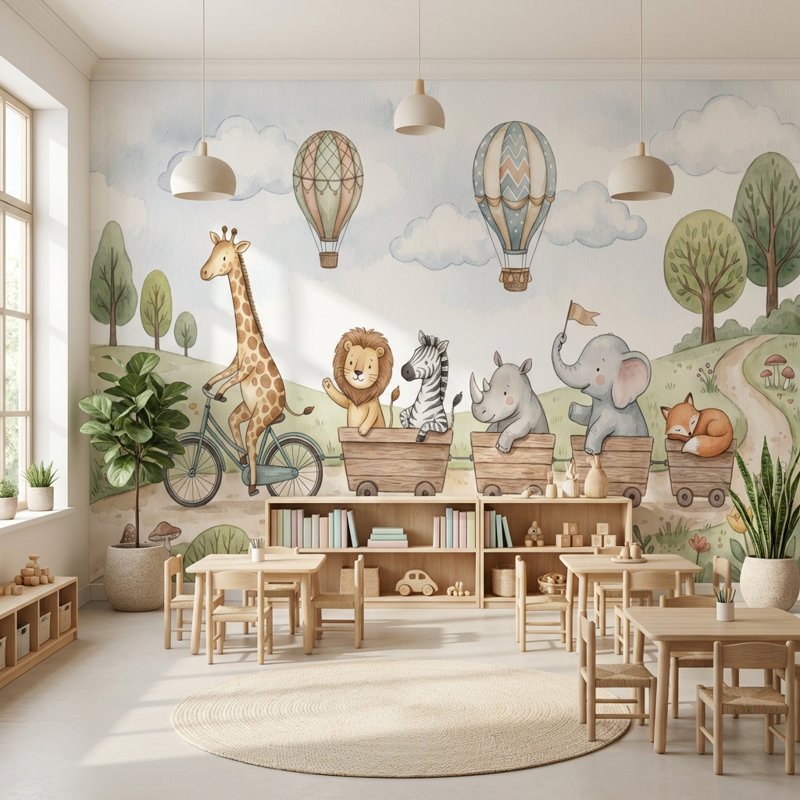 Animaux, paysage, dessin animé, décoration murale, 120" x 96", Peler et coller