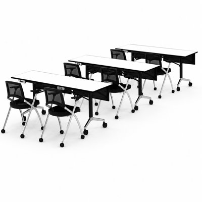 Tables de formation mobiles professionnelles avec prises électriques intégrées et chaises de travail empilables | Ensemble de 3 tables et 6 chaises | Tables de formation pliantes et empilables de 203 cm (80 po) | Roulettes verrouillables | Mobilier pour salles de conférence et salles de classe | Blanc 6 places