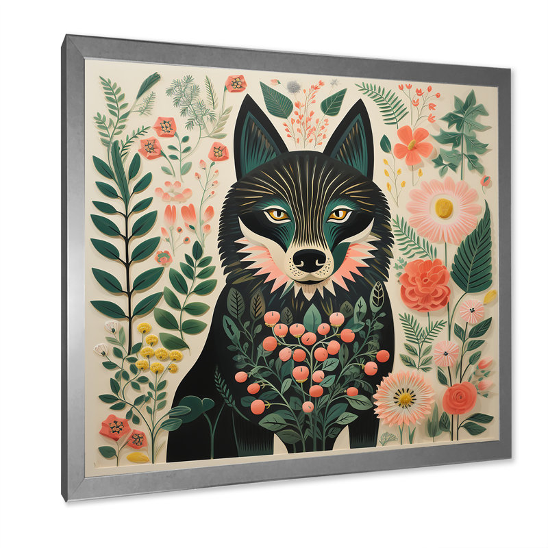 Rose et vert Boho Portrait I - loup, art mural, Cadre simple argenté, H 16 po x l 16 po x P 1 po
