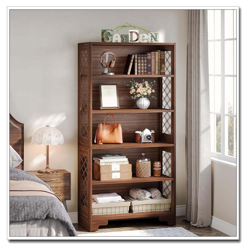 6-Tier Vintage Brown Mid-Century Bookcase For Living Room, Office, Bedroom
