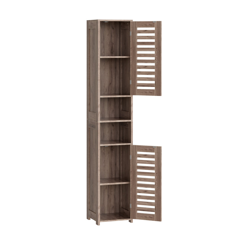 Tall Bathroom Storage Cabinet, 67" Slim Linen Tower With 2 Shutter Doors And Open Shelves, Freestanding Floor Cupboard, Space-Saving Pantry Organizer For Kitchen, Living Room, Laundry, Rustic Grey Wood Grain
