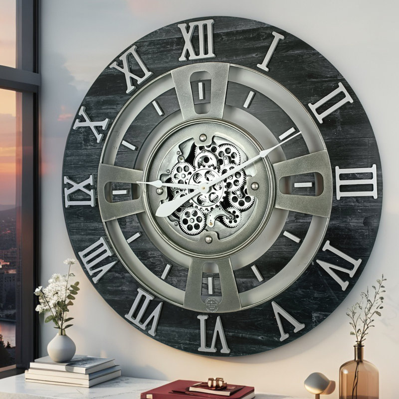 Wall Clock 24" Medium Sized for Living Room decor with Real Moving Gears England Collection, Vintage Black