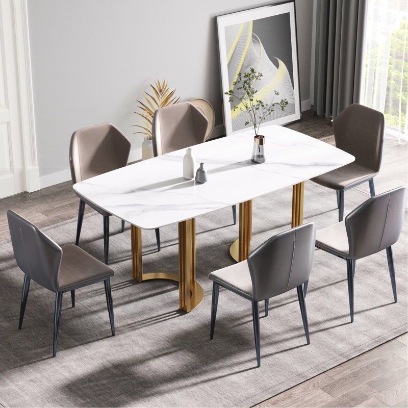 Table de salle à manger 70,2 "en pierre frittée blanche, recyclable et matériaux, 6-8 sièges 70,2" rectangulaire, avec des pieds élégants en métal doré