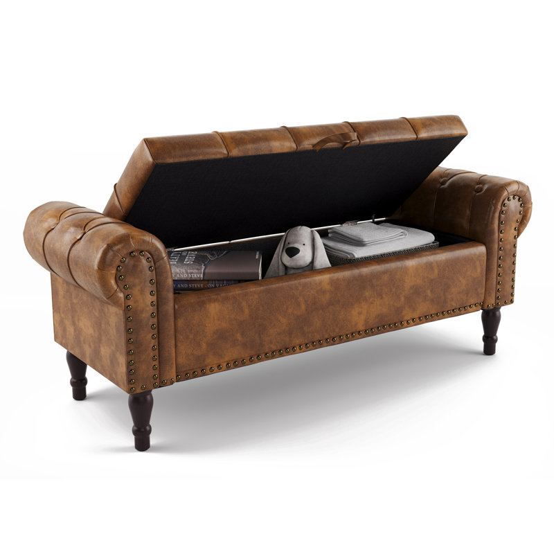 Banc de rangement rembourré Dawsey, H 19,6 po x l 50,7 po x P 17,1 po, Similicuir brun