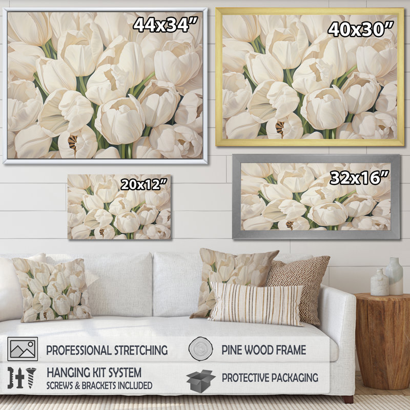 Minimalisme beige tulipes symphonie III - tulipes, Cadre simple noir, H 12 po x l 20 po x P 1 po