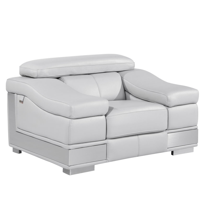 Chaise en cuir avec pieds en acier inoxydable et structure en bois robuste gris avec rembourrage en mousse dense, Gris clair