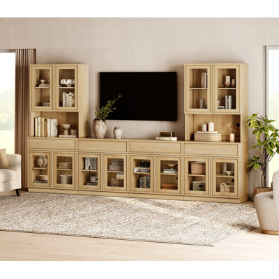 Wall Unit TV Stand with Glass Door Bookshelf, 3-Tier Shelves Entertainment Center with 4 Glass Doors and Adjustable Shelf, Media Console with 4 Drawers for Living Room