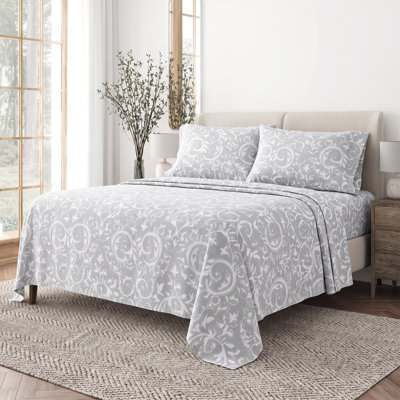Arianne 4-Piece Double Sheet Set, Super Soft Microfiber Bedding, Charcoal Grey Scroll Pattern, Wrinkle Resistant, Deep Pockets