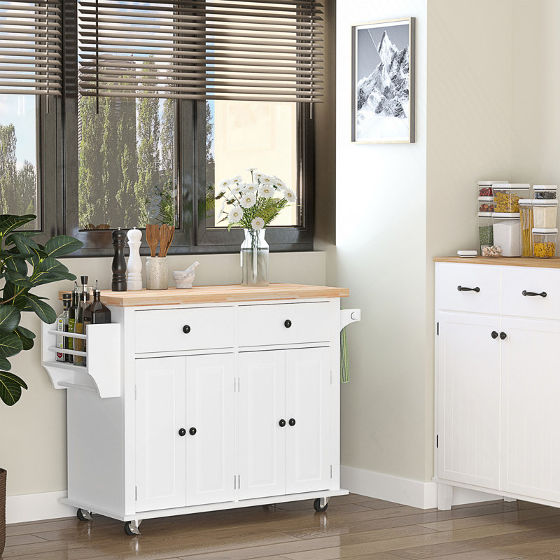 Kitchen Island On Wheels With Rubberwood Top, Spice Rack, Towel Rack, And Drawers For Efficient Storage And Mobility, White