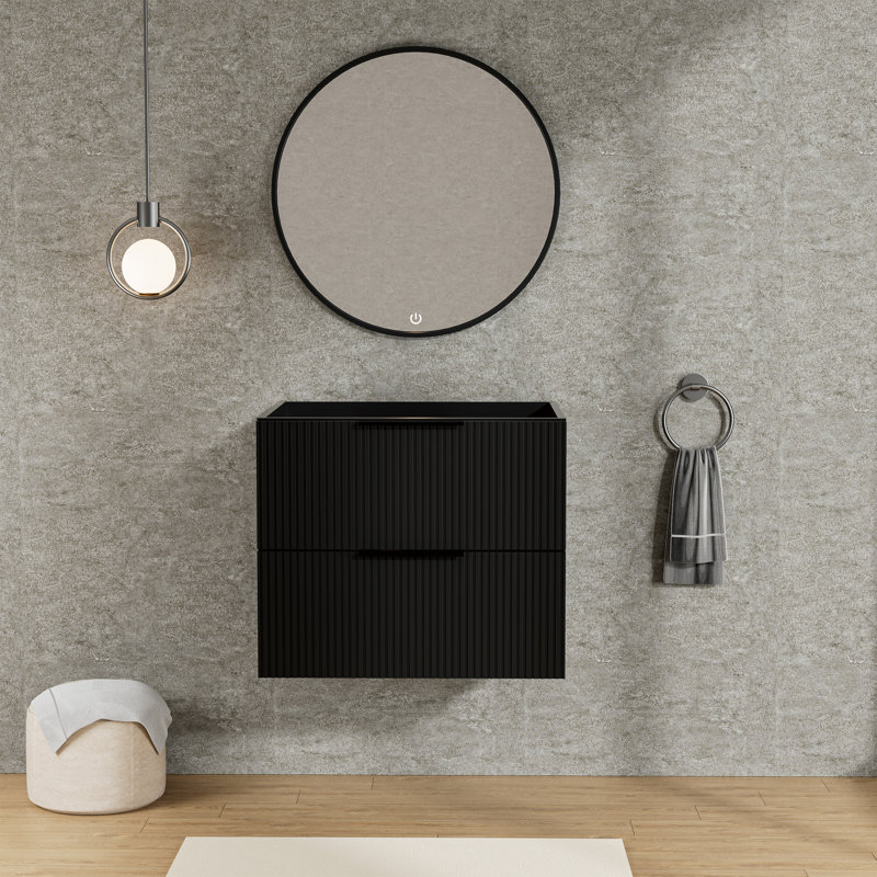 Halrik Fluted Floating Vanity Base Only, Cabinet with Divided Soft-Close Drawers, Black, 24"