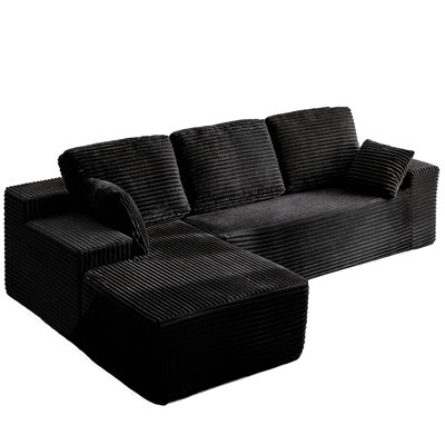 Compression-Boneless 96" L-Shaped Cloud Sectional Sofa with Oversized Chaise, Modular Corduroy Couch for Living Room , Deep Seat No Assembly Required（Black.Left Hand Facing)