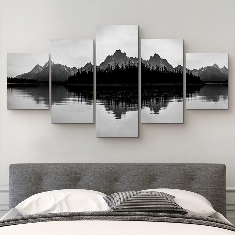 Nature, paysage, noir, blanc, rustique, montagne, lac, forêt, paysage, photographie d'art, paysage contemporain, ensemble de 5 pièces