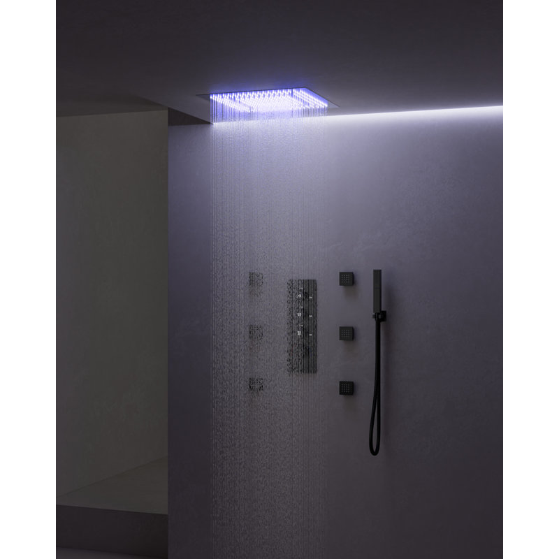 Système de douche thermostatique à pluie, pomme de douche à DEL au plafond 20 po avec douche à main, jet corporel, Noir mat