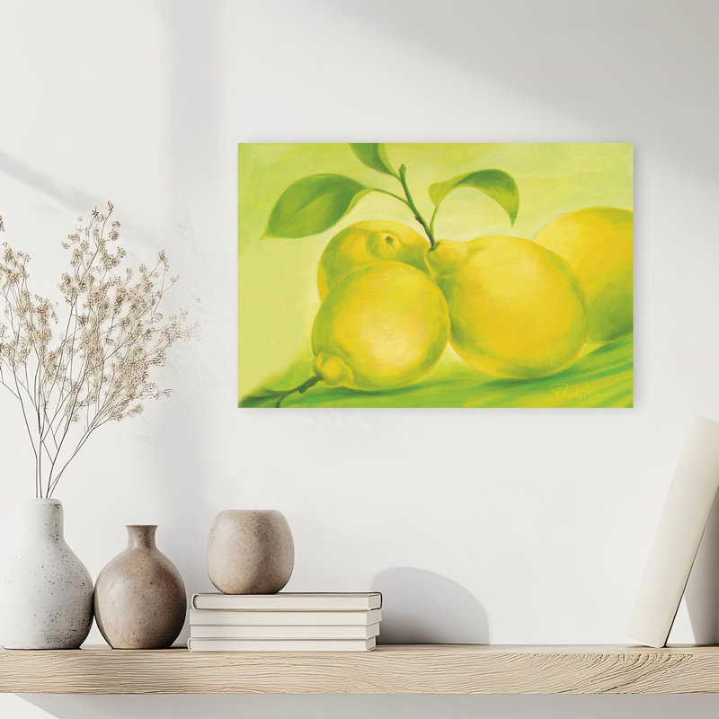 «Vibrant Green Lemons», art mural abstrait aux fruits tropicaux, 12" H x 18" W