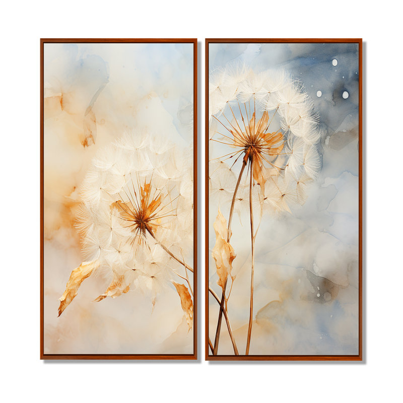 Pissenlit pétale pureté - ensemble d'art mural traditionnel de 2, 32" H x 32" W, Impression encadrée flottante, Brown