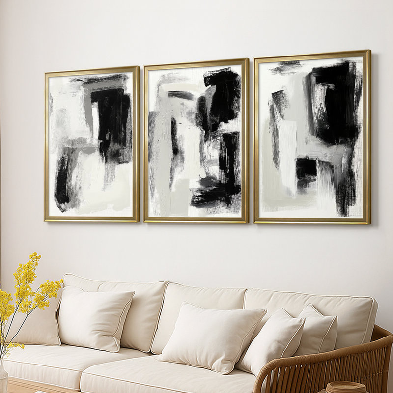 ABSTRACT Series DCCLXX  -Custom Framed  Wrapped Gallery Canvas - 3 Pieces, 21" H x 30" W, Gold