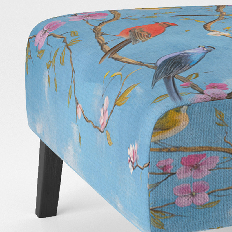 Multi-Color Bird On Tree - Upholstered Farmhouse Accent Slipper Chair, Blue Velvet