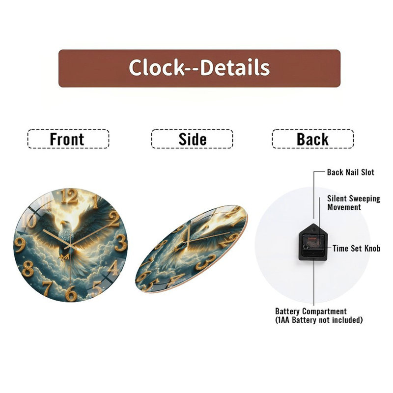 Horloge murale aigle avec chiffres dorés et nuages - horloge murale moderne en verre 12 po