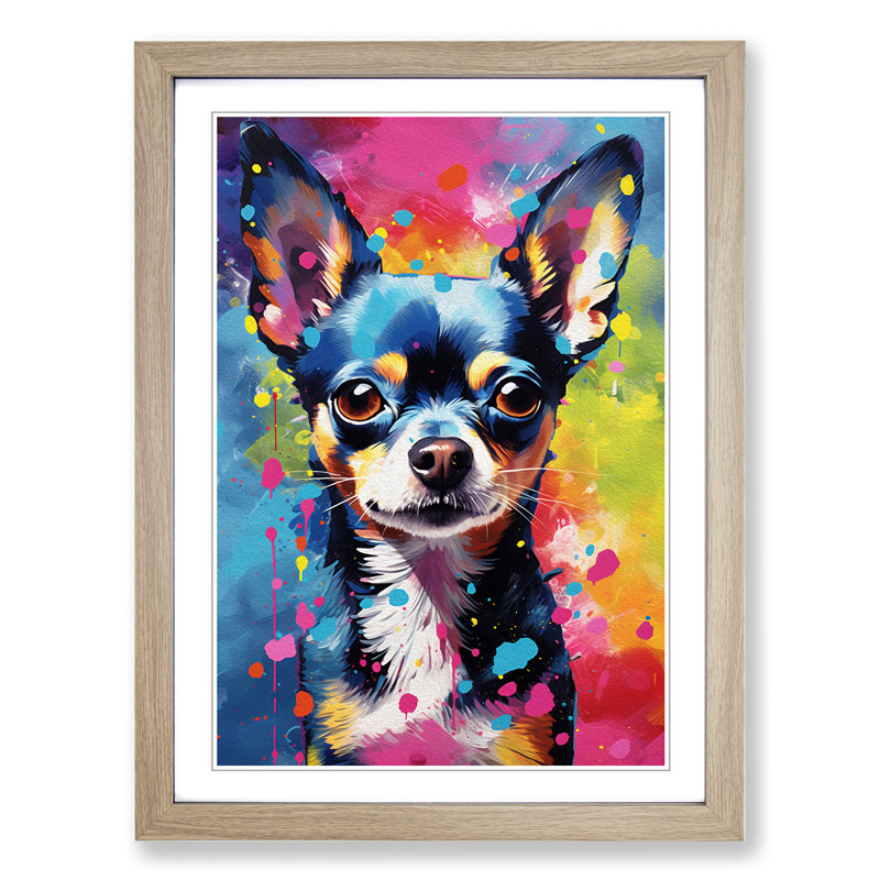 Chihuahua Action - Single Picture Frame Print on Wood, 34cm H x 25cm W x 2cm D, Oak