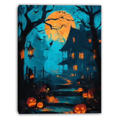 «Skulls with Pumpkins under Full Moon», art mural sur toile