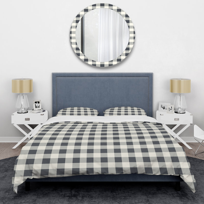 Ensemble de housse de couette moderne noir et beige Gingham Bliss I, Housse de couette pour grand lit + 2 taies décora
