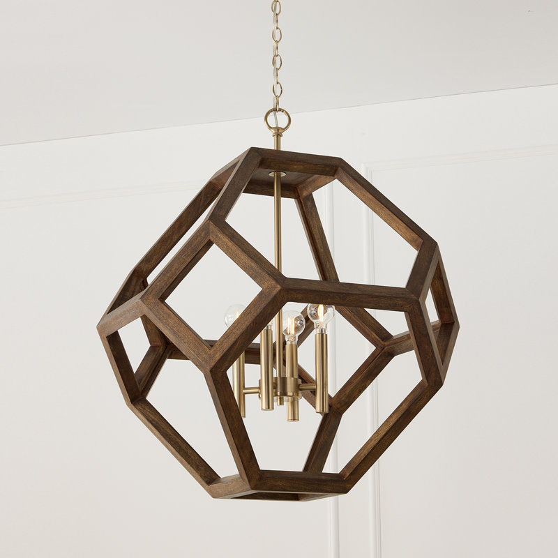24" W x 28" H 4-Light Geometric Orb Pendant in Matte Brass with Handcrafted Mango Wood in Dark Nordic Stain