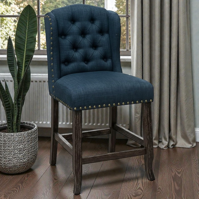 Ensemble de 2 chaises à hauteur de comptoir capitonnées en tissu bleu marine / brun foncé Lela