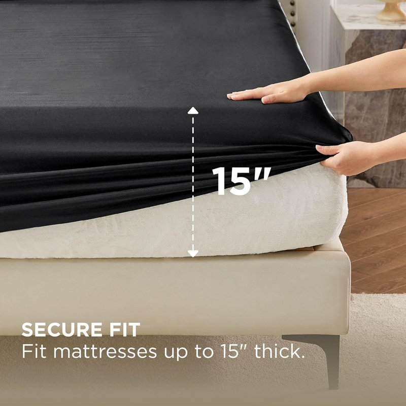 Bedsure Sateen Fitted Sheet GentleSoft™️, Queen Fitted Sheet, Black