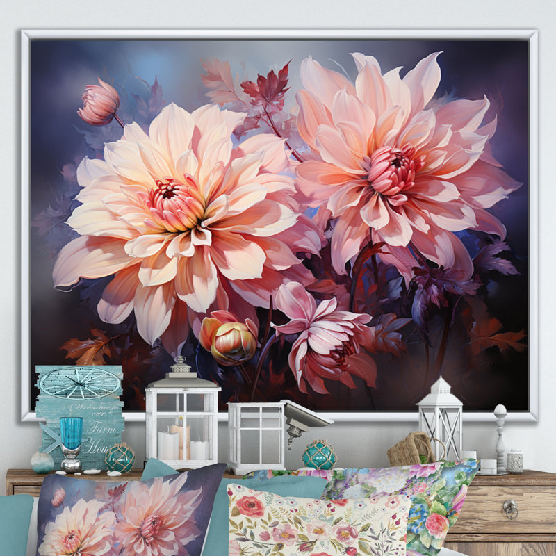 Impression romantique sur toile Dahlia rose IV, H 30 po x l 40 po x P 1,5 po, Cadre flottant blanc