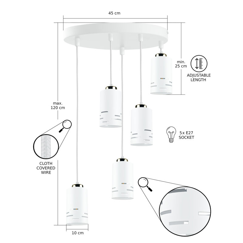 - Light Pendant, 5 Lights, White/Gold