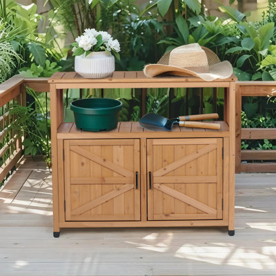 Table de patio d'extérieur en bois de sapin avec rangement - Buffet d'extérieur rectangulaire et console pour terrasse, jardin ou intérieur