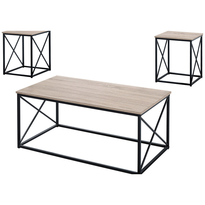 Table taupe pour sous-sol - 3 pièces, métal noir, surface lisse pour salon moderne 3 pièces: plateau en stratifié