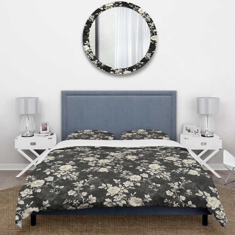 Ensemble de housse de couette noir et blanc Country Flowers II, Housse de couette simple + 2 taies décoratives st