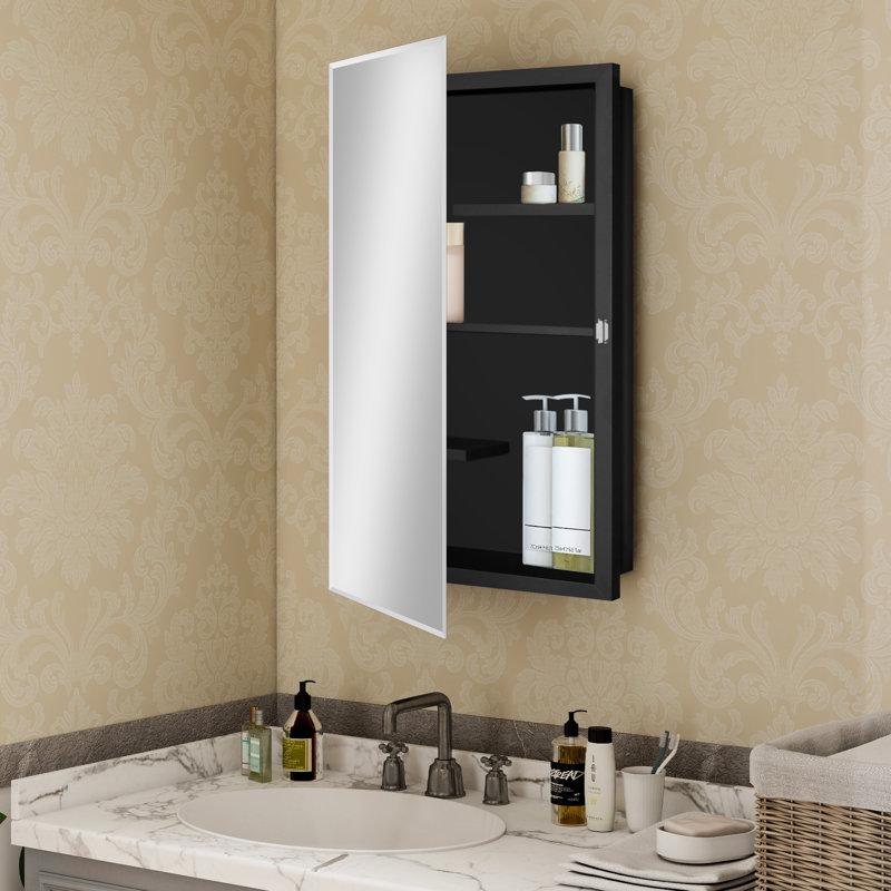 Ebou Designs Chouhan blanc, miroir biseauté et tablettes réglables pour la salle de bain, encastré ou en surface., Noir