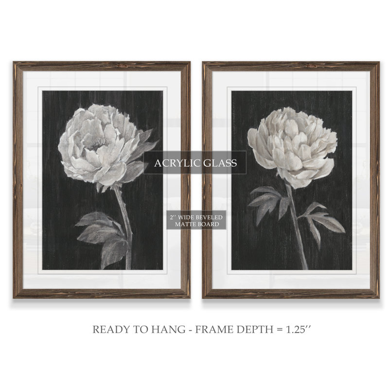 «Black and White Flowers I», ensemble de 2 reproductions d'art encadrées, H 24 po x l 18 po x P 1,25 po, Cadre espresso