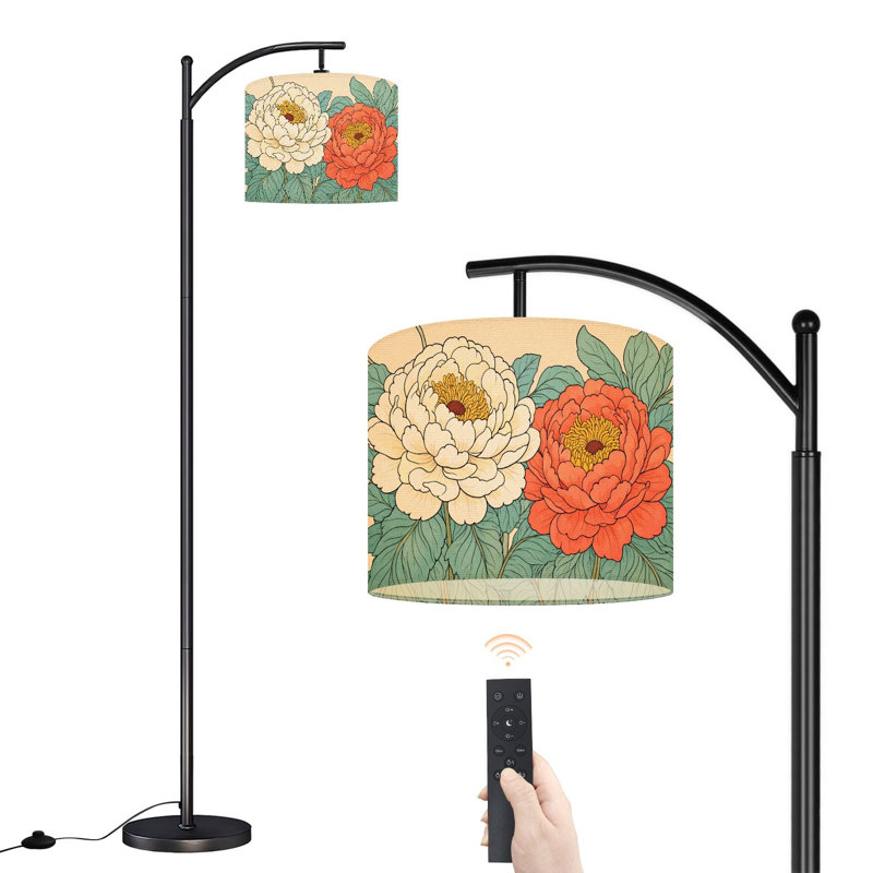 Arc Floor Lamp with Adjustable Lampshade Boho Brown Green Orange Peony Floral Vintage Flowers Leaves Standing Lamp 3 Color Temperatures Dimmable Tall Pole Lamp with Foot Switch for Bedroom